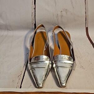 Tory Burch Silver Slingback Heels Pointed Toe Leather Sole Dress Shoes Size 5.5